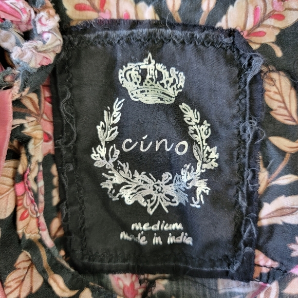 Cuno 100% Cotton Women's Button Up Blouse Black Pink Floral Flutter Sleeve M - Picture 6 of 10